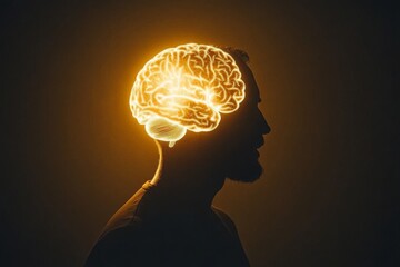 Obraz premium Decision fatigue Emotional processing Silhouette of a person with a glowing brain symbolizing cognitive clarity the illumination of thought and the power of a focused mind