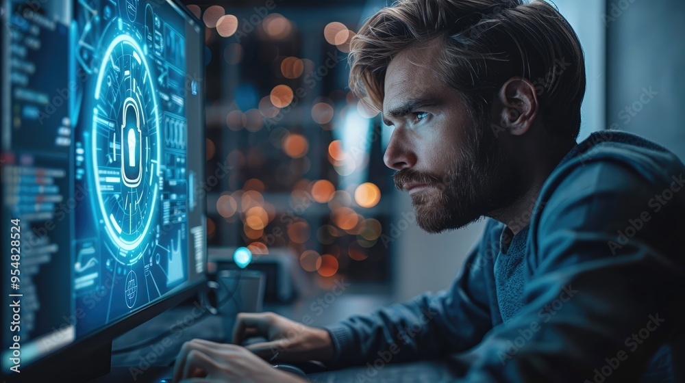 Poster cybersecurity specialist, sitting at a computer, cybersecurity, hacker, hologram in the form of a lo