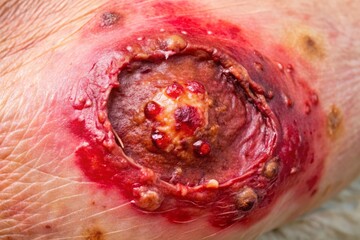 a photo image of a large, red, crusty wound with pus-filled abscesses surrounded by inflamed skin and swelling