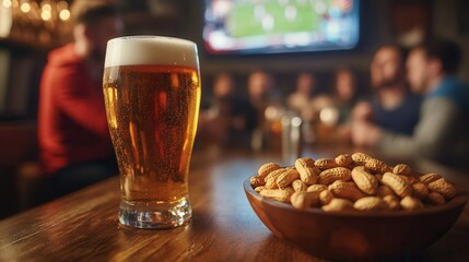 Lively Sports Bar Scene with a Frothy Pint of Beer, Peanuts, and Friends Enjoying the Game. AI generated illustration
