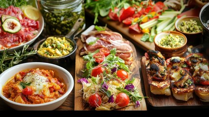 Fototapeta premium Natural food (various cuisines) Different food cooked on a wooden table Food backgrounds: table filled with large variety of food 