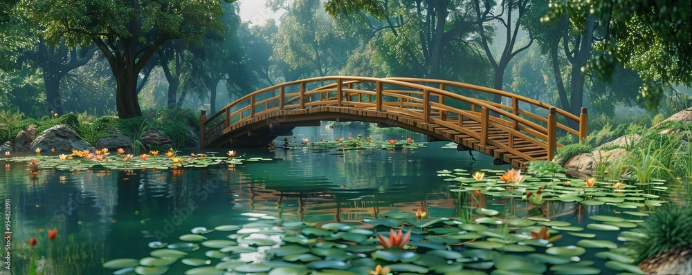 Wall mural Wooden footbridge over a tranquil pond with water lilies, 4K hyperrealistic photo