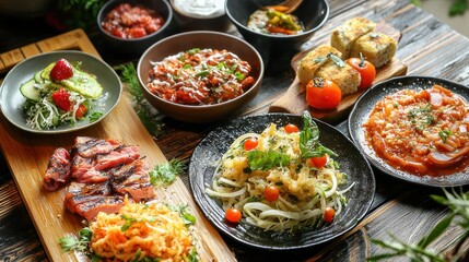 Obraz premium Natural food (various cuisines) Different food cooked on a wooden table Food backgrounds: table filled with large variety of food Table top of food spread on table.