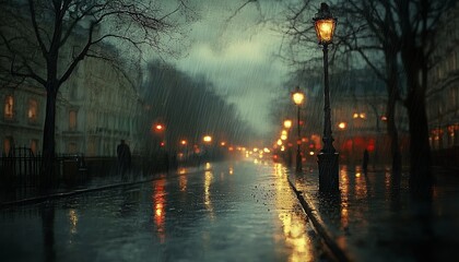 Design a rainy mood setting with dark, cloudy skies, steady rainfall, and glistening puddles on the ground, capturing a melancholic and serene ambiance