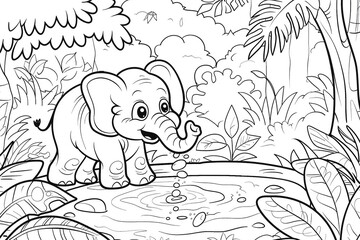 Cute baby elephant drinking water from a pond in a jungle setting with lush vegetation