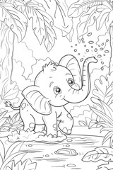 Obraz premium Baby elephant splashing water with its trunk in a jungle setting during a rainfall