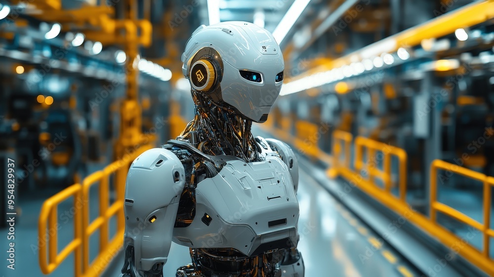 Poster the humanoid robot, featuring intricate circuitry and glowing blue eyes, is positioned in a high-tec