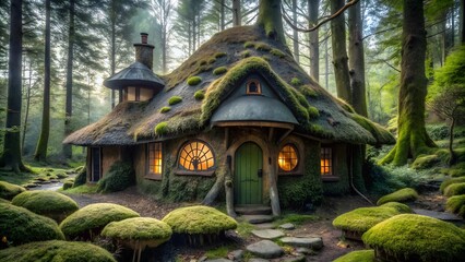 Obraz premium Whimsical moss-covered cottage in a lush forest setting with enchanting fairy-tale charm 