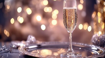 Glass of Champagne on a Silver Tray with Bubbles, Against a Glamorous Evening Party Backdrop - Celebratory Atmosphere. AI generated illustration