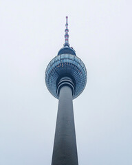 Realistic shot of the Berlin television tower, taken from below from a wide-angle perspective