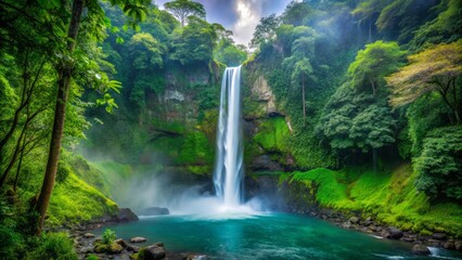 La Fortuna Waterfall after the rain creates a mesmerizing spectacle, with water droplets suspended in mid-air, set against a backdrop of emerald green and misty blue hues.