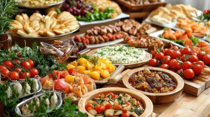 Obraz premium Natural food (various cuisines) Different food cooked on a wooden table Food backgrounds: table filled with large variety of food Table top of food spread on table.