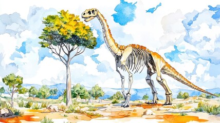Mesozoic giants, skeletal remains, towering figures, watercolor style