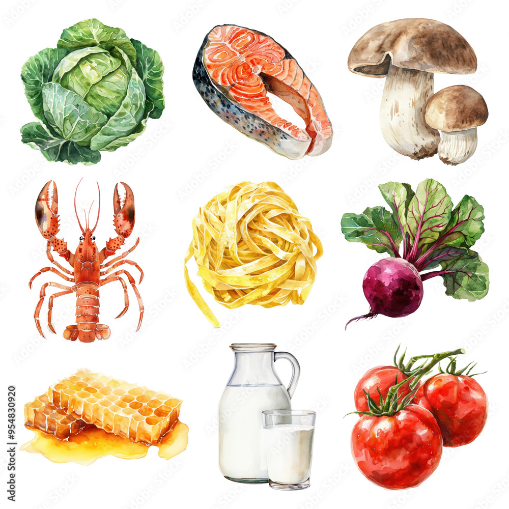 Sticker PNG watercolor food ingredient set, transparent background