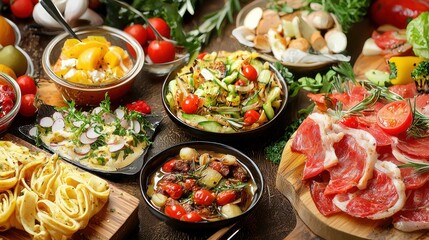 Fototapeta premium Natural food (various cuisines) Different food cooked on a wooden table Food backgrounds: table filled with large variety of food Table top of food spread on table.