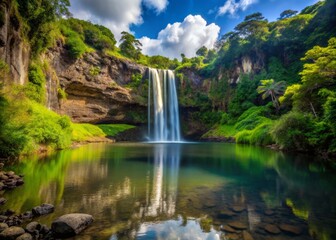 Wailua Falls in the afternoon with the surrounding landscape reflected in the calm pool of water at the base of the falls.