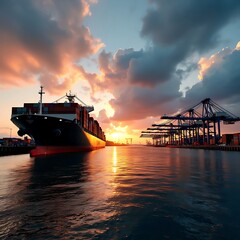Container Ship Docked at Port During Sunset