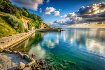Obraz premium Coastal erosion sea defenses protecting a small cove with calm waters, a wide-angle shot with a low ISO to capture the peaceful atmosphere.