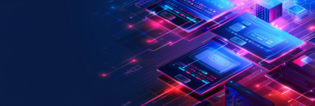 Abstract background. Copy space. Software lending. Purple neon lighting. Technology concept.