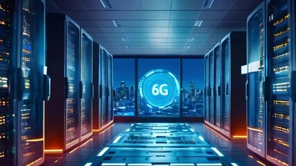 Rows of servers in a data center with a window view of a cityscape and a 6G logo. - Powered by Adobe