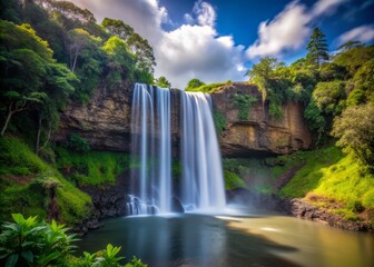 Fototapeta premium Wailua Falls in the afternoon with a slow shutter speed, blurring the water and creating a sense of ethereal wonder.