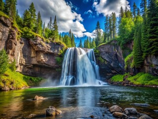 Obraz premium Moose Falls in June dramatic low-angle shot, looking up at the falls as it plunges into the pool, surrounded by lush greenery