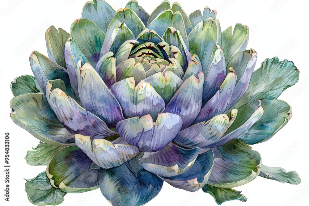 Poster A stunning watercolor large artichoke with shades of green and purple, highlighting its layers and unique shapes. The artwork captures its natural beauty