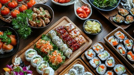 Fototapeta premium Natural food (various cuisines) Different food cooked on a wooden table Food backgrounds: table filled with large variety of food 