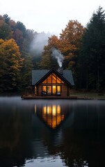Fototapeta premium Serene cabin by the lake surrounded by autumn foliage, smoke rising from chimney, reflecting tranquility in nature.
