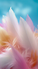 Fototapeta premium white feathers on an white table in the sun, blurry, colorful light, royalty free clipart