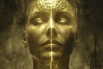 Hedonic adaptation Dopamine surge Monochrome golden statue of a person with a symmetrical split representing duality and balance in human nature and the philosophical concept of yin and yang