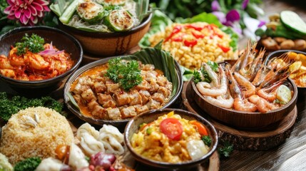 Obraz premium Natural food (various cuisines) Different food cooked on a wooden table Food backgrounds: table filled with large variety of food 