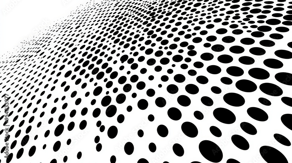 Poster abstract arrangement of black dots on a white background, creating a dynamic visual effect that suggests depth and movement