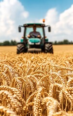 Fototapeta premium Tractor in a golden wheat field under a blue sky, symbolizing agriculture and farming during harvest season.