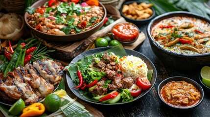 Natural food (various cuisines) Different food cooked on a wooden table Food backgrounds: table filled with large variety of food 