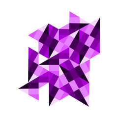 A complex geometric shape composed of numerous small purple triangles. The triangles are arranged in a seemingly random pattern, creating a dynamic and abstract composition.