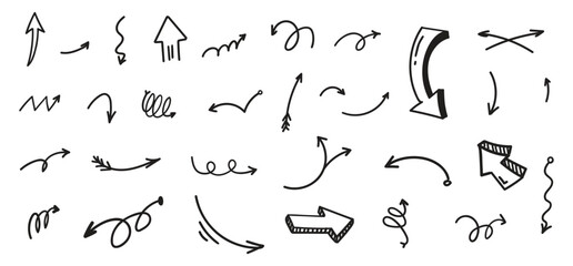 Hand-Drawn Arrow Doodle Set | Vector Illustration of Scribble Arrows and Symbols | Sketchy Black and White Directional Icons for Graphic Design