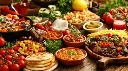 Fototapeta premium Natural food (various cuisines) Different food cooked on a wooden table Food backgrounds: table filled with large variety of food 
