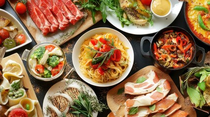 Natural food (various cuisines) Different food cooked on a wooden table Food backgrounds: table filled with large variety of food 