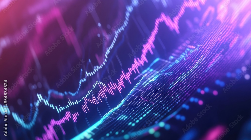 Poster 2d animated background featuring a series of interconnected financial graphs, with flowing data stre