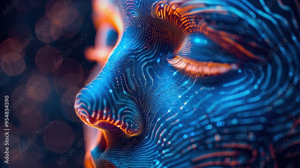 Aufkleber close-up of a face with luminous patterns and vibrant colors, reflecting a high-tech aesthetic again