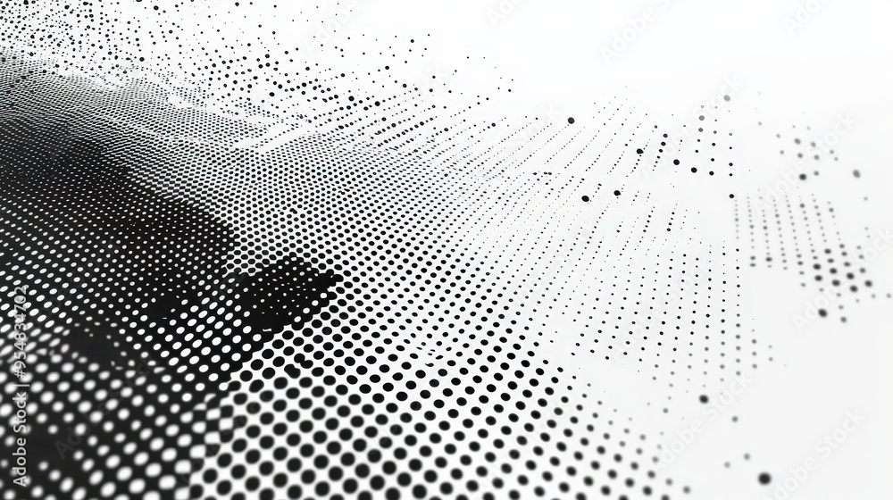 Poster black and white dot halftone pattern that creates a sense of texture and depth, enhancing visual interest through varying sizes and spacing