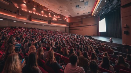 Naklejka premium Packed Auditorium with Audience Watching Presentation