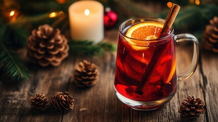 Cozy Mulled Wine with Cinnamon and Orange in Festive Holiday Setting. AI generated illustration