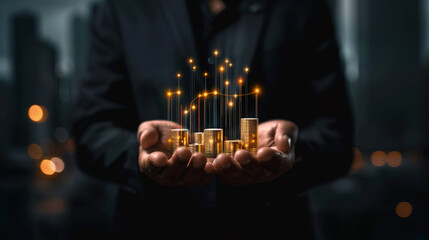 Hands Holding Stacked Coins with Rising Financial Graph in Background