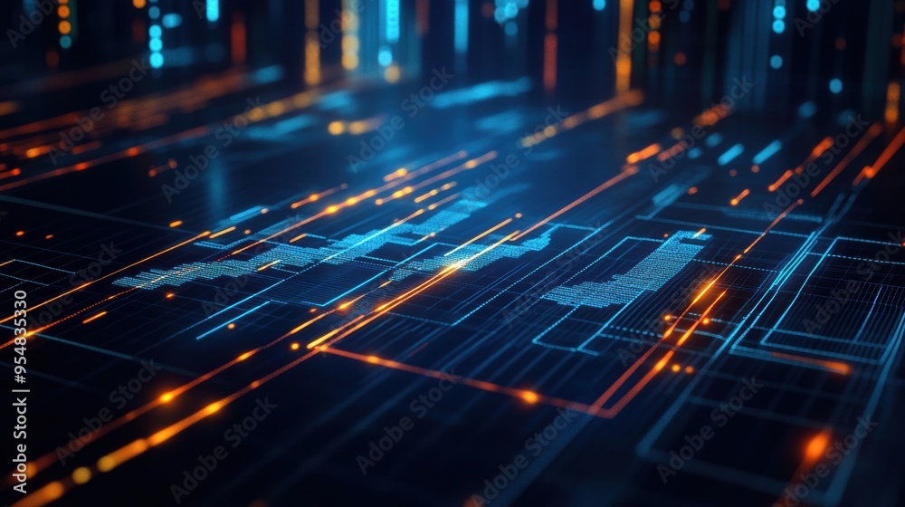 Poster 2d animation of a financial grid with intersecting lines and data points, continuously evolving to r