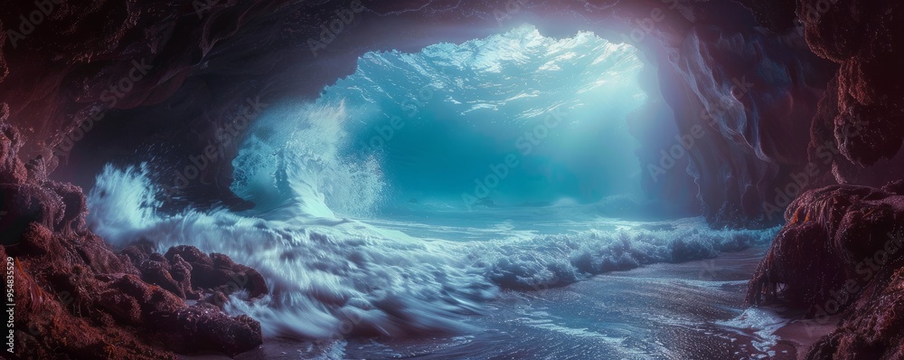 Wall mural Mermaid's grotto beneath the ocean waves, 4K hyperrealistic photo