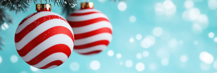 Fototapeta premium Classic red and white striped Christmas balls hanging on a frosty blurred background with soft snowfall 