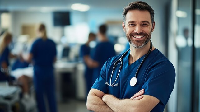 Confident male doctor in blue scrubs smiling in a hospital setting