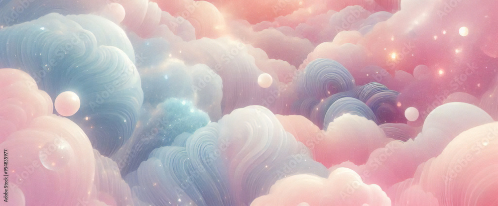 Wall mural rainbow unicorn pastel background with glitter stars. pink fantasy sky. holographic space with bokeh